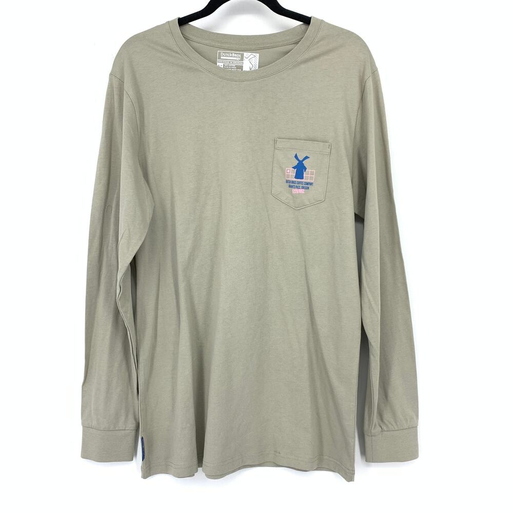 Dutch Bros Long Sleeve Graphic T-Shirt Mens Size L Slim Fit Beige Crew Neck 1992